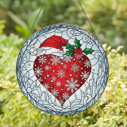 Holiday Lovers' Tiffany Style Stained Glass Ruby Red Festive Heart Snowy Snowflakes Emerald Holly Pattern Stained Glass Suncatcher