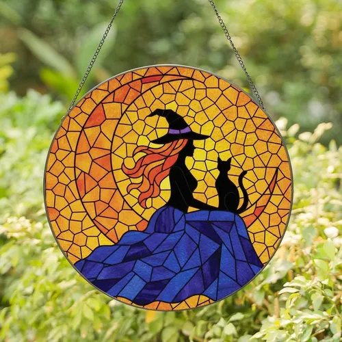 Fantasy Lovers' Tiffany Stained Glass Witch & Black Cat Silhouette, Amber Gold Moon, Royal Blue Purple Stained Glass Suncatcher