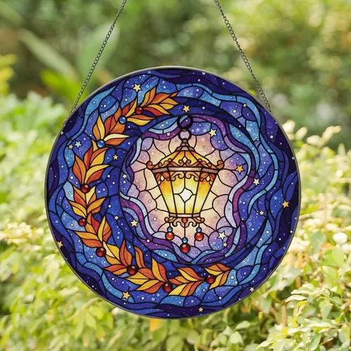 Fantasy Art Lovers' Intricate Stained Glass Crescent Moon Lantern Celestial Mosaic Orange Blue Jewel Tones Stained Glass Suncatcher