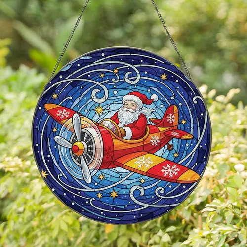 Holiday Art Admirers' Tiffany Stained Glass Santa Airplane Festive Snowflake Starry Night Mosaic Stained Glass Suncatcher