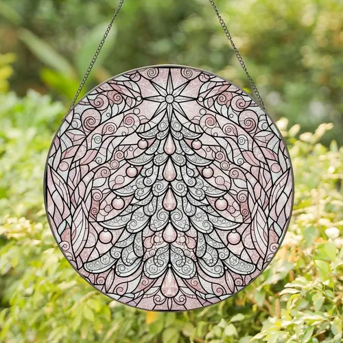 Holiday Enthusiasts' Ornate Tiffany Stained Glass Christmas Tree Glowing Rose Gold Pink Crystal Gem Mosaic Edge-to-Edge Stained Glass Suncatcher