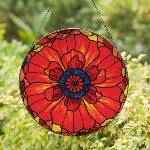 Art Lovers' Tiffany Style Stained Glass Fiery Red Orange Poppy Mosaic Jewel Tones Stained Glass Suncatcher
