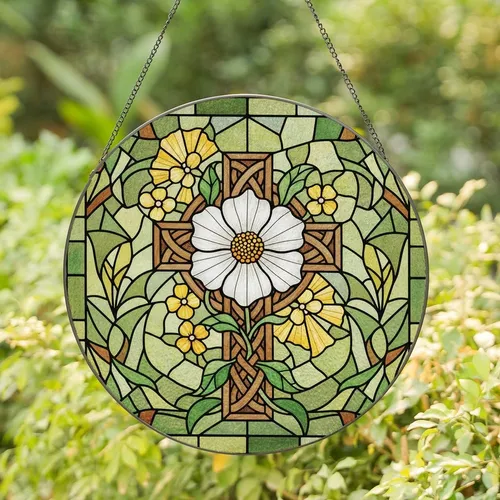 Art & Nature Lovers' Vibrant Stained Glass White Flower Celtic Knot Cross Intricate Green Yellow Mosaic Stained Glass Suncatcher