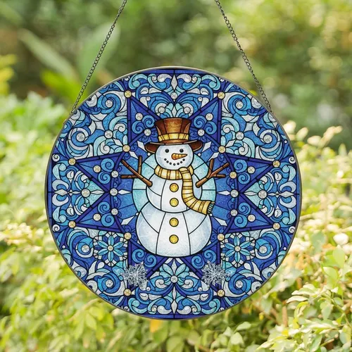 Winter Enthusiasts' Glowing Snowman Tiffany Blue Frosted Jewel Starburst Snowflake Mosaic Stained Glass Suncatcher