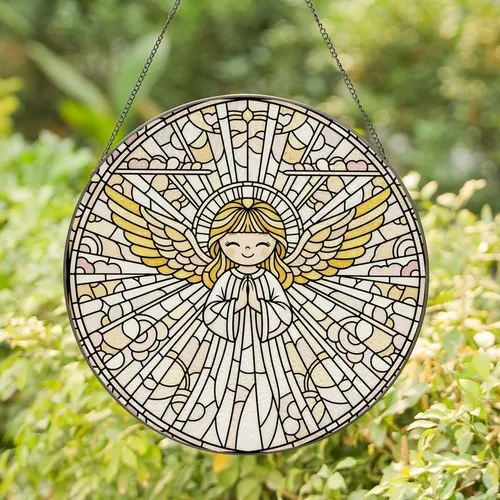 Art Lovers' Tiffany Stained Glass Angel: Praying Blonde Angel White Golden Yellow Mosaic Stained Glass Suncatcher