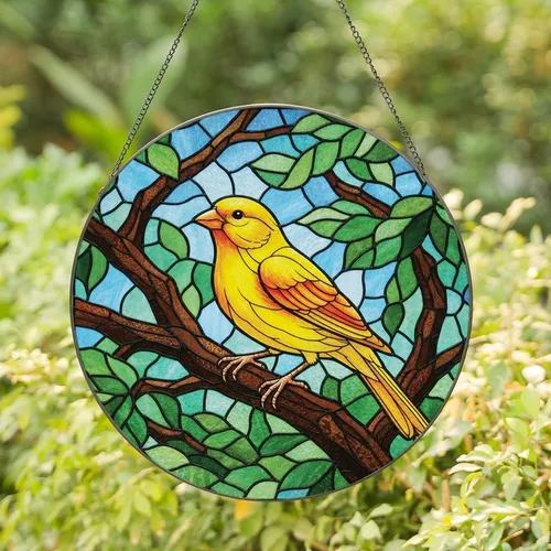 Nature Lovers' Intricate Stained Glass Yellow Canary, Tiffany Style Orange & Green Mosaic Pattern Stained Glass Suncatcher