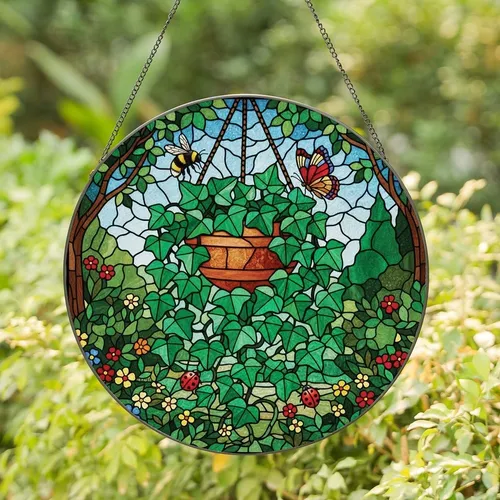 Nature Lovers' Jewel Tone Tiffany Stained Glass Ivy Planter Bumblebee Butterfly Ladybug Mosaic Stained Glass Suncatcher