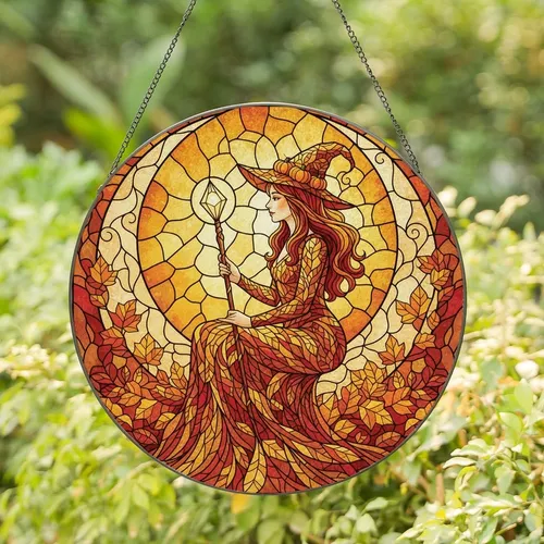 Autumn Fantasy Lovers' Tiffany Stained Glass Witch Moon Autumn Leaves Radiant Jewel Tones Stained Glass Suncatcher