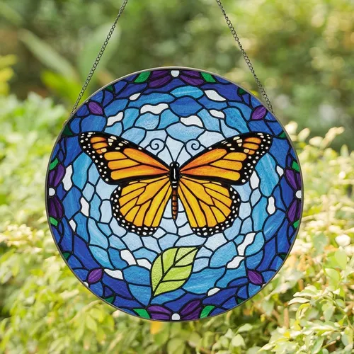 Nature Lovers' Tiffany Style Monarch Butterfly Stained Glass Mosaic Art Orange Blue Purple Green Stained Glass Suncatcher