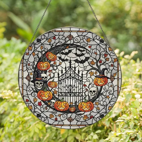 Halloween Enthusiasts' Vibrant Tiffany Stained Glass Gothic Gate Bats Skulls Pumpkins Edge-to-Edge Design Stained Glass Suncatcher