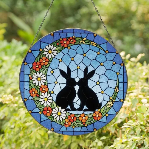 Celestial Dreamers' Vibrant Stained Glass Crescent Moon Rabbits, Blue Sapphire Sky & Floral Jewel Tones Stained Glass Suncatcher