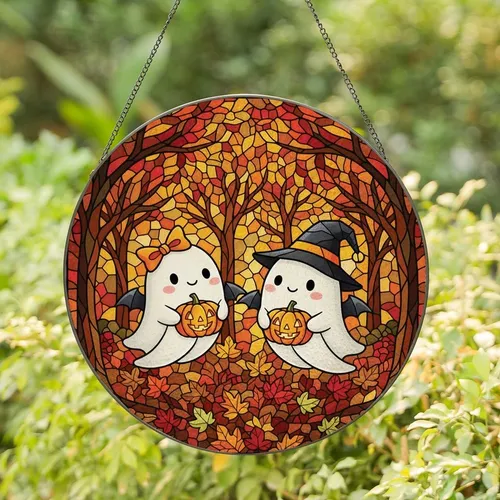 Spooky Cute Enthusiasts' Intricate Stained Glass Chibi Ghosts Jack-o'-lanterns Autumn Forest Mosaic Glowing Jewel Tones Stained Glass Suncatcher
