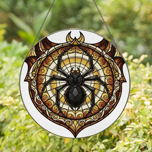 Gothic Art Lovers' Ornate Stained Glass Black Spider Web Mosaic in Deep Amber, Bronze, Gold, Black Hues Stained Glass Suncatcher