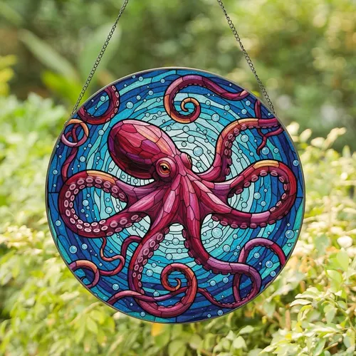 Ocean Life Admirers' Tiffany Style Stained Glass Octopus Crimson Fuchsia Amber Ocean Mosaic Stained Glass Suncatcher