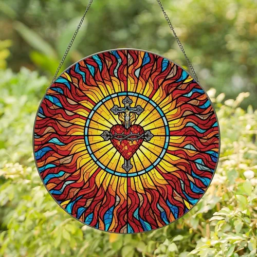 Art & Spirituality Admirers Flaming Sacred Heart Tiffany Glass Red Gold Sunburst Stained Glass Suncatcher