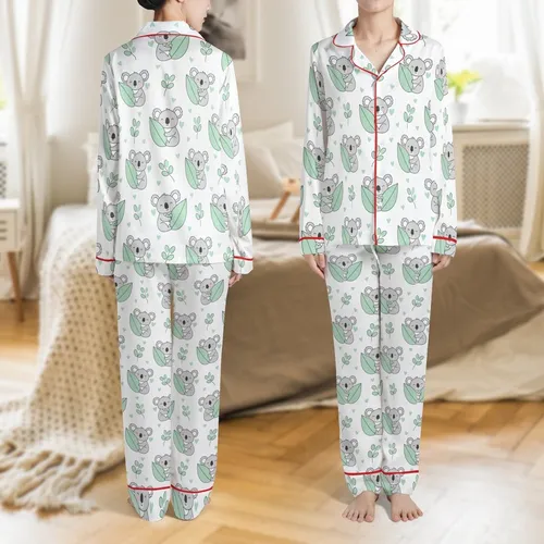 Koala Lover Hand-Drawn Koala & Eucalyptus Leaf Canvas Shoes Satin Pajamas Set