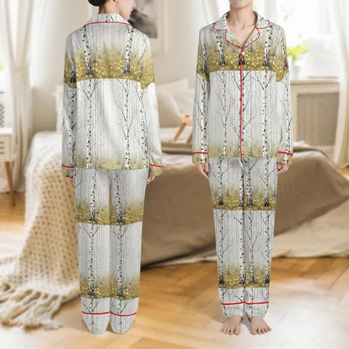 Nature Lover's Impressionistic Birch Tree Forest Sleep Set: White Aspen & Golden Flora Satin Pajamas Set