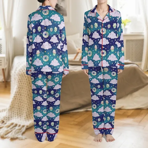 Whimsical Dreamer's Kigurumi: Cloud Star Dessert Pattern Loungewear Sleep Set Satin Pajamas Set