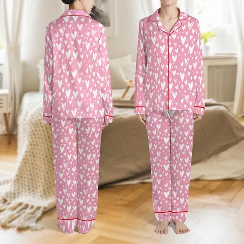 Pink Heart Enthusiast: Whimsical Bubblegum White Hearts Design Satin Pajamas Set