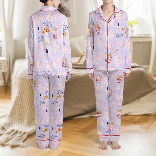 Girls' Whimsical Pizza Pajamas Sleep Set: Cute Movie Night & Slumber Party Loungewear Pattern Satin Pajamas Set