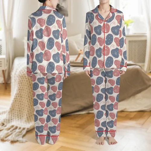 Refined Style: Dusty Rose Blue-Grey Abstract Pattern, Minimalist Initials Stars, Rose Piping - Artwear Satin Pajamas Set