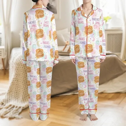 Cozy Comfort Enthusiasts' Whimsical Watercolor Pancakes, Pastel Moons, Stars, and Golden Syrup Pattern Satin Pajamas Set Satin Pajamas Set