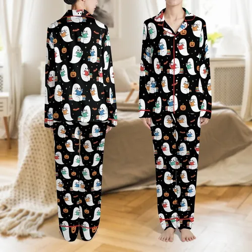 Fall Spooky Season Satin Pajamas: Reading Ghosts, Pumpkins & Starry Night Bat Print Sleepwear Satin Pajamas Set