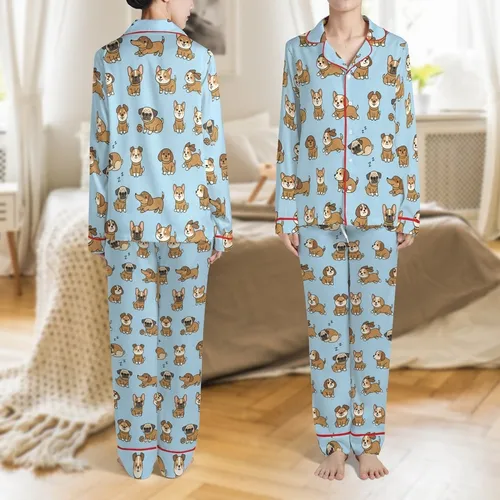 Dog Lovers' Adorable Small Dog Breeds in Teddy Bear Pajamas Seamless Pattern Light Blue Satin Pajamas Set