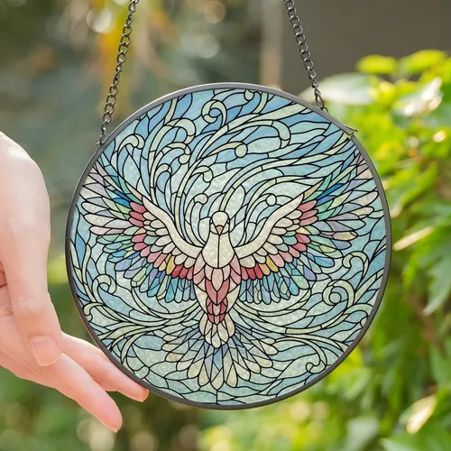 Art Lovers' Majestic Tiffany Stained Glass Dove Ruby Red Blush Pink Sky Blue Mosaic Design Stained Glass Suncatcher