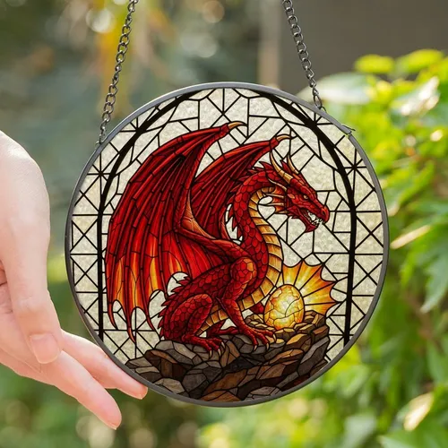 Dragon Enthusiasts' Fierce Red Dragon Guarding Fiery Egg Tiffany Stained Glass Geometric Art with Jewel Tones Stained Glass Suncatcher