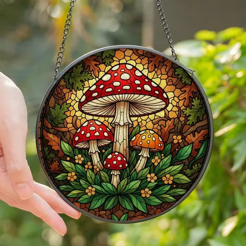 Cottagecore Fans' Vibrant Tiffany Style Stained Glass Red Toadstool Woodland Mosaic Stained Glass Suncatcher