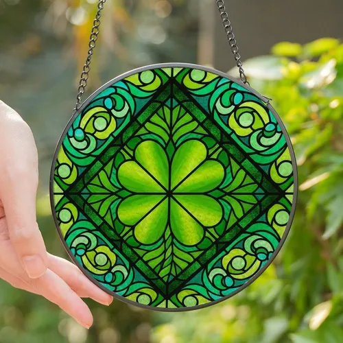 Nature Inspired Art Lovers' Glowing Green Tiffany Stained Glass Four-Leaf Clover Botanical Mosaic Stained Glass Suncatcher