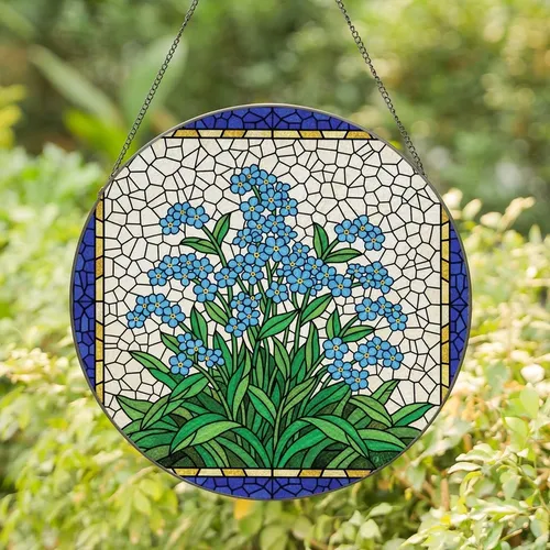 Art Lovers' Edge-to-Edge Stained Glass Forget-Me-Not Cobalt Blue Emerald Green Mosaic Stained Glass Suncatcher
