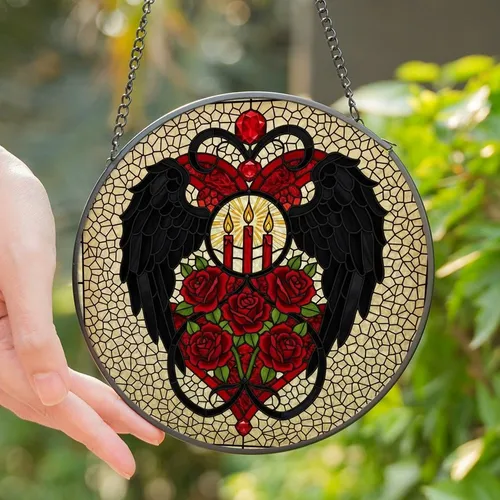 Art Lovers' Tiffany Stained Glass Heart, Glowing Candles, Black Angel Wings, Crimson Roses, Ruby Gemstone Mosaic Stained Glass Suncatcher