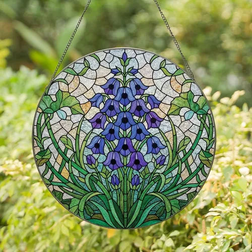 Art Lovers' Tiffany Style Stained Glass Bell Flowers, Sapphire Blue Amethyst Purple Emerald Green Floral Mosaic Stained Glass Suncatcher