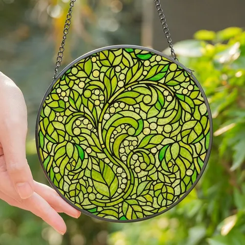 Art Nouveau Enthusiasts' Tiffany Stained Glass Botanical Sprig Emerald Lime Green Yellow Organic Mosaic Pattern Stained Glass Suncatcher