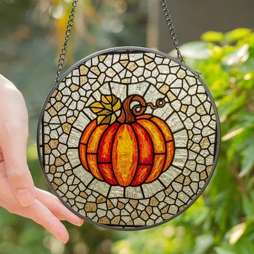 Autumn Lovers' Tiffany Stained Glass Round Pumpkin Intricate Jewel Tone Mosaic Stained Glass Suncatcher