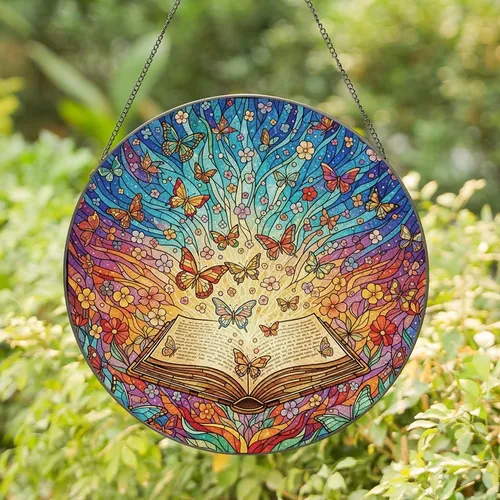 Fantasy Art Enthusiasts' Tiffany Style Magical Book Butterflies Aurora Vibrant Jewel Tones Stained Glass Suncatcher