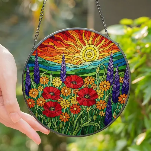 Nature Lovers' Vibrant Jewel Tone Stained Glass Wildflower Meadow Poppies Daisy Sunset Mosaic Stained Glass Suncatcher
