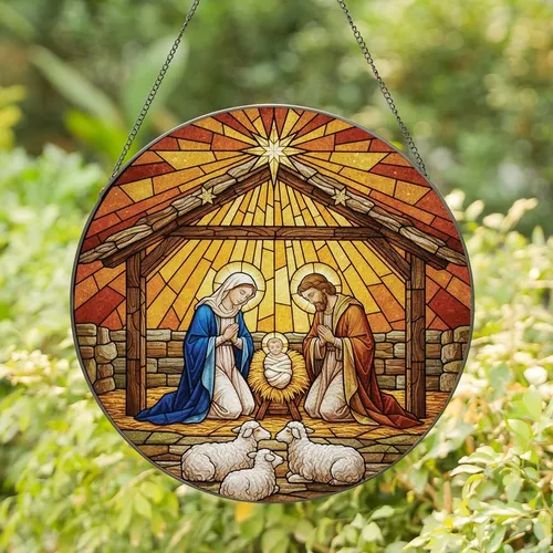 Holiday Art Collectors' Jewel Tone Stained Glass Nativity Mary Joseph Jesus Radiant Star Amber Blue Gold Mosaic Stained Glass Suncatcher