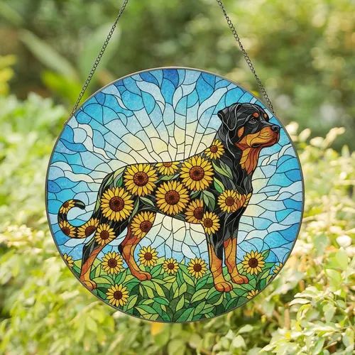 Rottweiler Lovers' Jewel Tone Black Golden Yellow Tiffany Stained Glass Sunflower Rottweiler Art Stained Glass Suncatcher