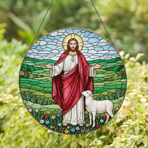 Stained Glass Art Lovers' Glowing Jewel Tone Tiffany Jesus Lamb Intricate Pastoral Mosaic Stained Glass Suncatcher