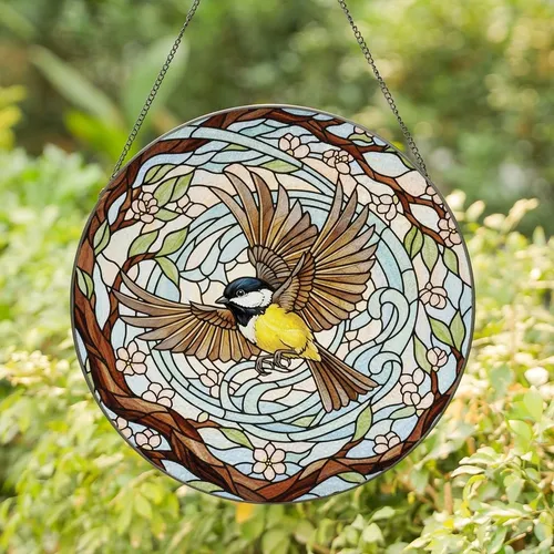 Nature Lovers' Intricate Stained Glass Chickadee In Flight Black Yellow Amber Tiffany Mosaic Stained Glass Suncatcher