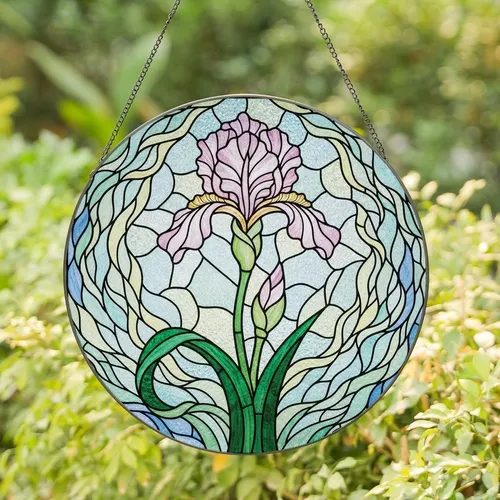 Art Lovers' Tiffany Stained Glass Iris Flower Ethereal Swirls Jewel Tones Pink Lavender Green Stained Glass Suncatcher