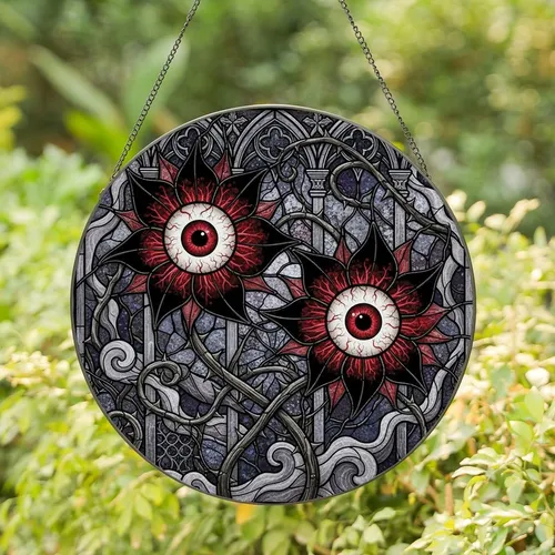 Alternative Style Lovers' Detailed Stained Glass Macabre Eyeball Flowers & Thorny Stems Stained Glass Suncatcher