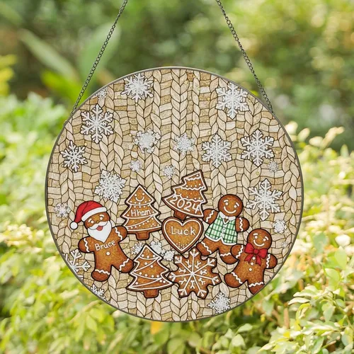 Holiday Enthusiasts' Cheerful Stained Glass Gingerbread Cookie Mosaic, Red & Gold Tiffany Style Knit Background Stained Glass Suncatcher