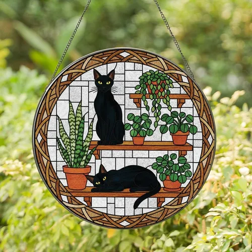 Cat & Plant Lovers' Tiffany-Style Stained Glass Black Cats & Houseplants Geometric Mosaic Art Vibrant Greens Terracotta Stained Glass Suncatcher