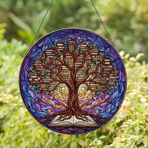 Knowledge Seeker's Stained Glass Tree of Books Emerald Sapphire Amethyst Mosaic Stained Glass Suncatcher