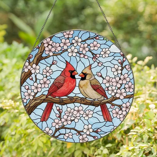 Bird Lovers' Jewel Tone Red Tan Stained Glass Cardinal Pair Cherry Blossom Mosaic Stained Glass Suncatcher