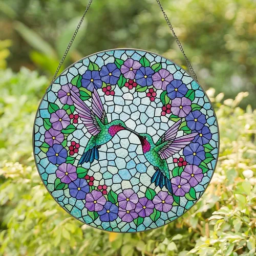 Nature Lovers' Vibrant Tiffany Stained Glass Hummingbirds Purple Blue Green Floral Mosaic Stained Glass Suncatcher
